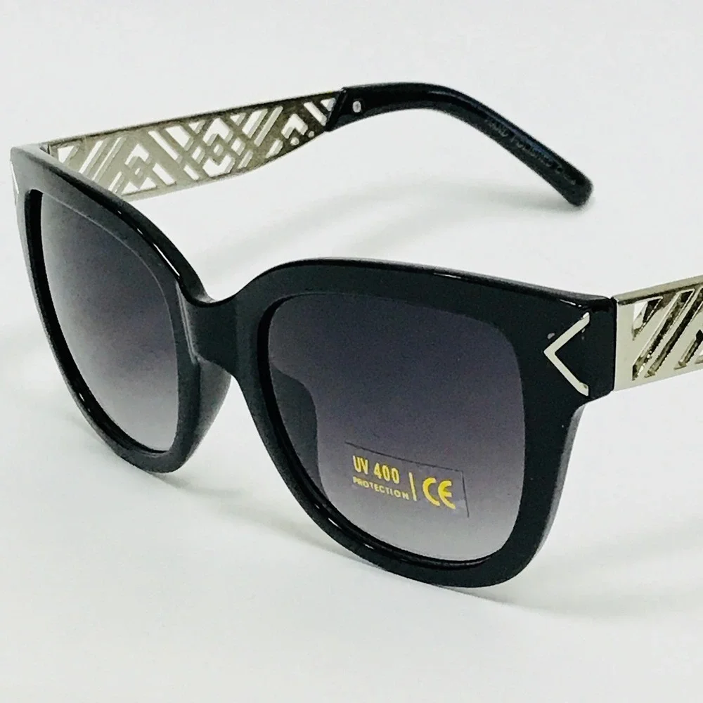 Sunglasses‎ Women Cat Eye Black Frame Silver Metal Luxury Fashion Stylish Lentes